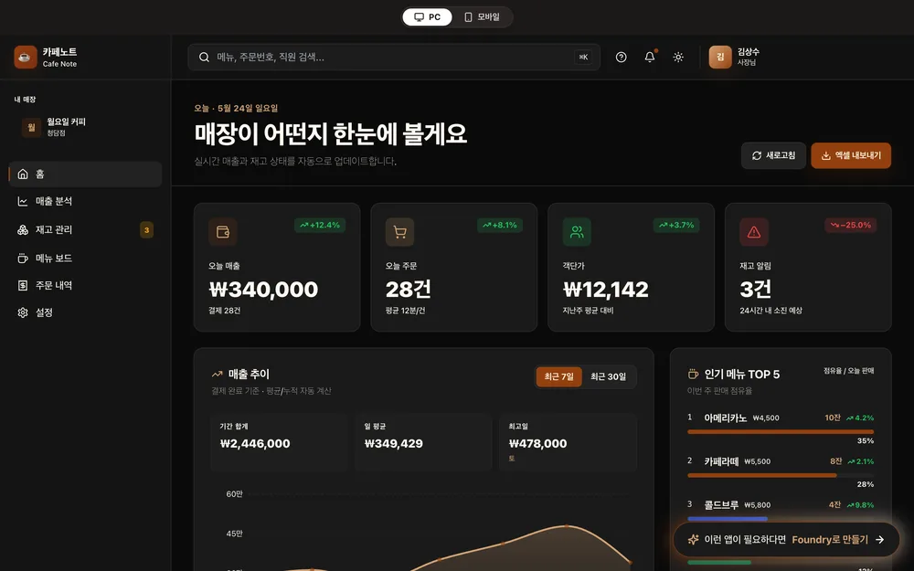 카페노트 실제 앱 화면